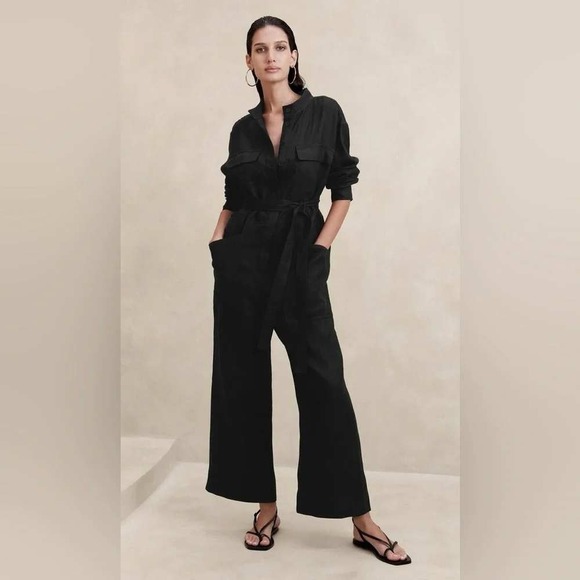Banana Republic Pants - Banana Republic Lisa Linen Jumpsuit Women S Tall Black Wide Leg Long Sleeve